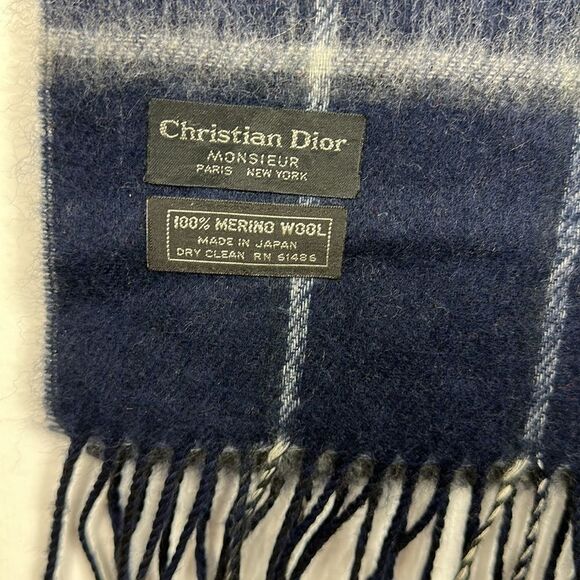 Christian Dior Monsieur Merino Wool Windowpane Fringe Trim Scarf - Picture 2 of 5